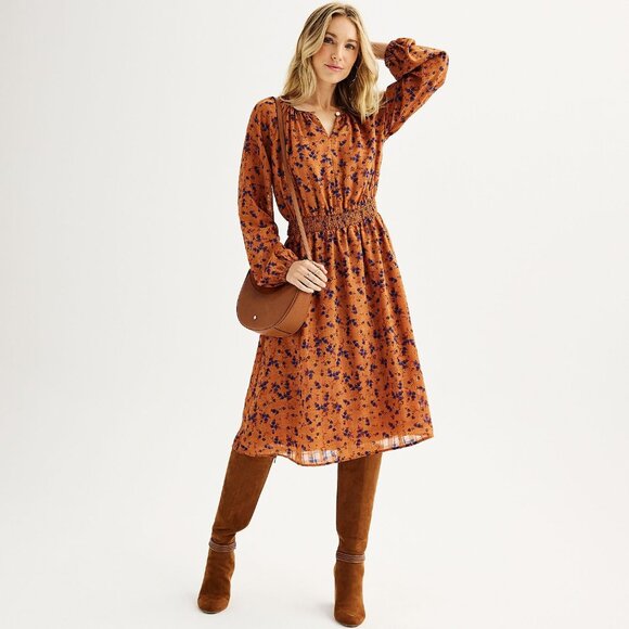 Draper James RSVP Smocked Waist Midi Dress - Size 2X (20) - Rust Floral Print‎ - Picture 2 of 12